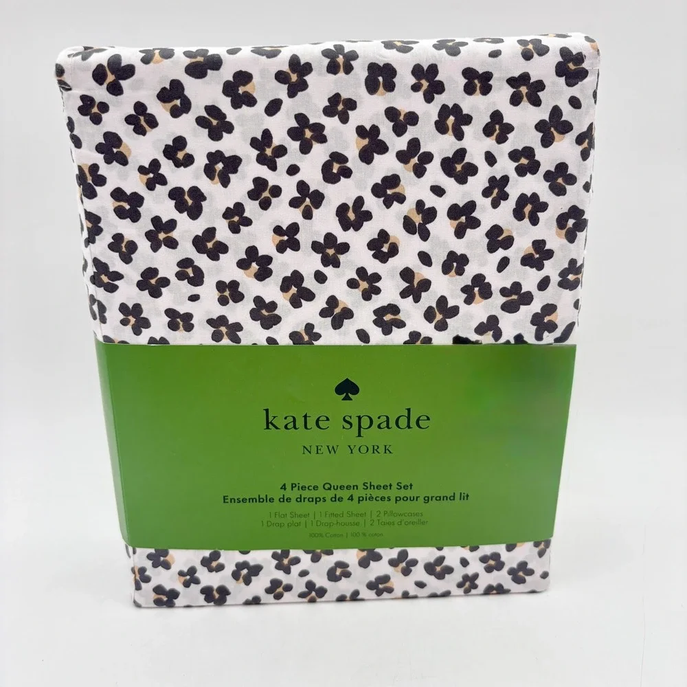 Kate Spade New York 4‎ Piece Queen Sheet Set Floral Leopard Print 100% Cotton